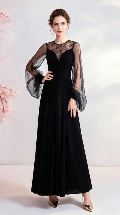 Lightweight A-line Black Evening Dress Round Neck Velvet Long Formal Dress LFNC0397