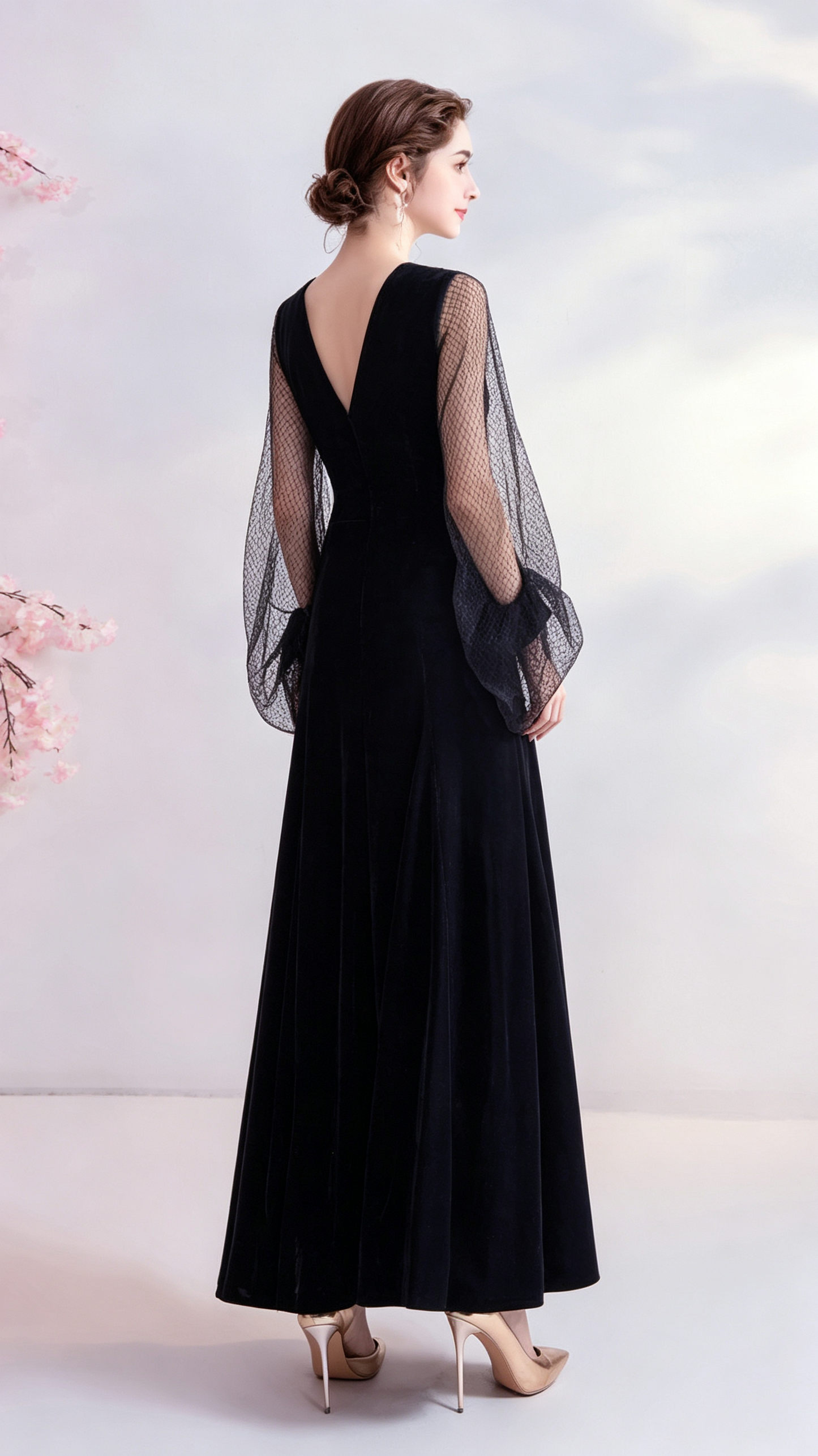 Lightweight A-line Black Evening Dress Round Neck Velvet Long Formal Dress LFNC0397
