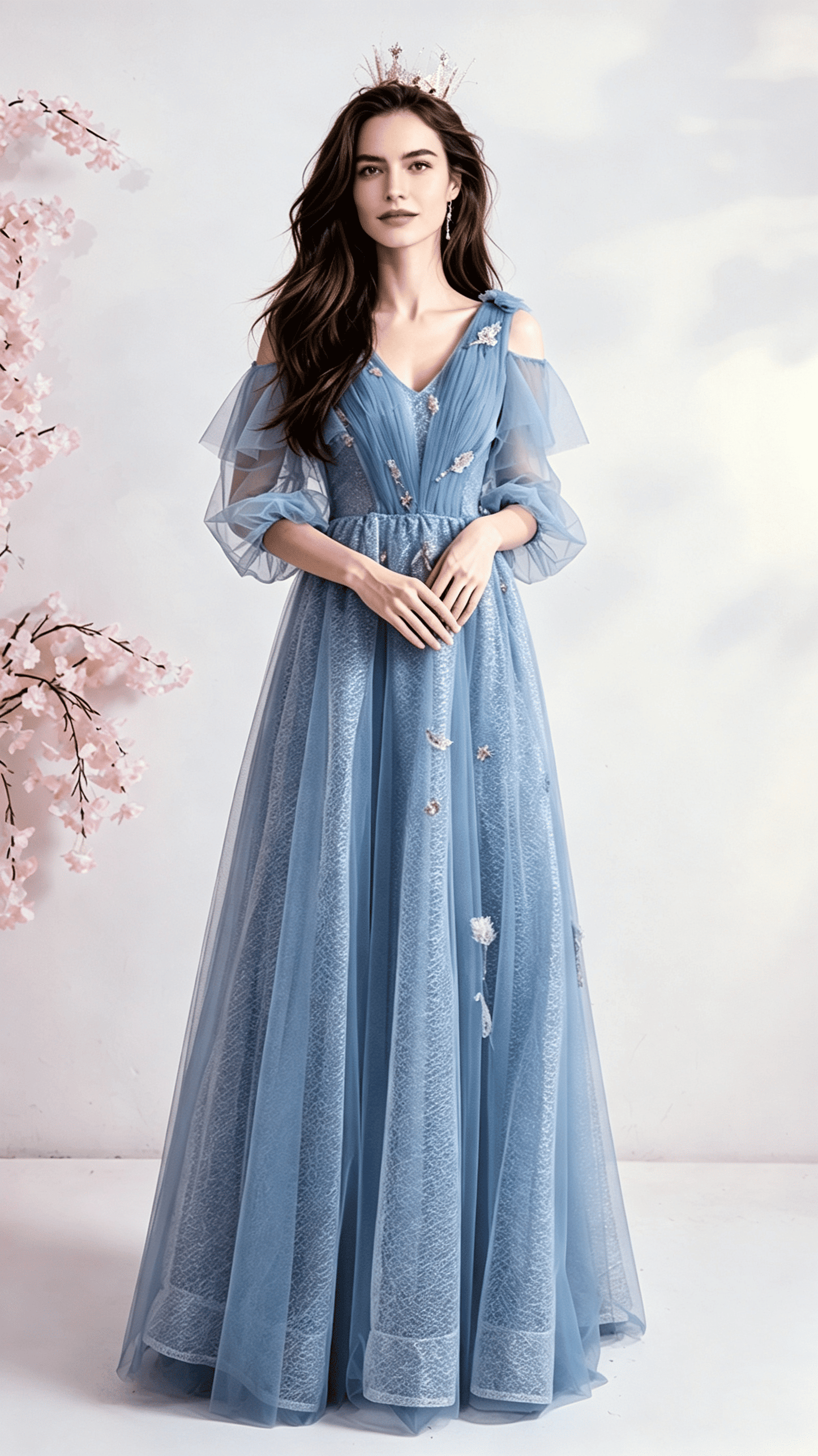 Flattering A-line Blue Evening Dress V Neck Tulle Long Formal Dress LFNC0402