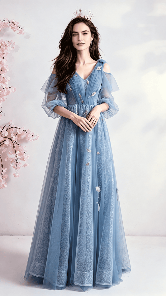 Flattering A-line Blue Evening Dress V Neck Tulle Long Formal Dress LFNC0402