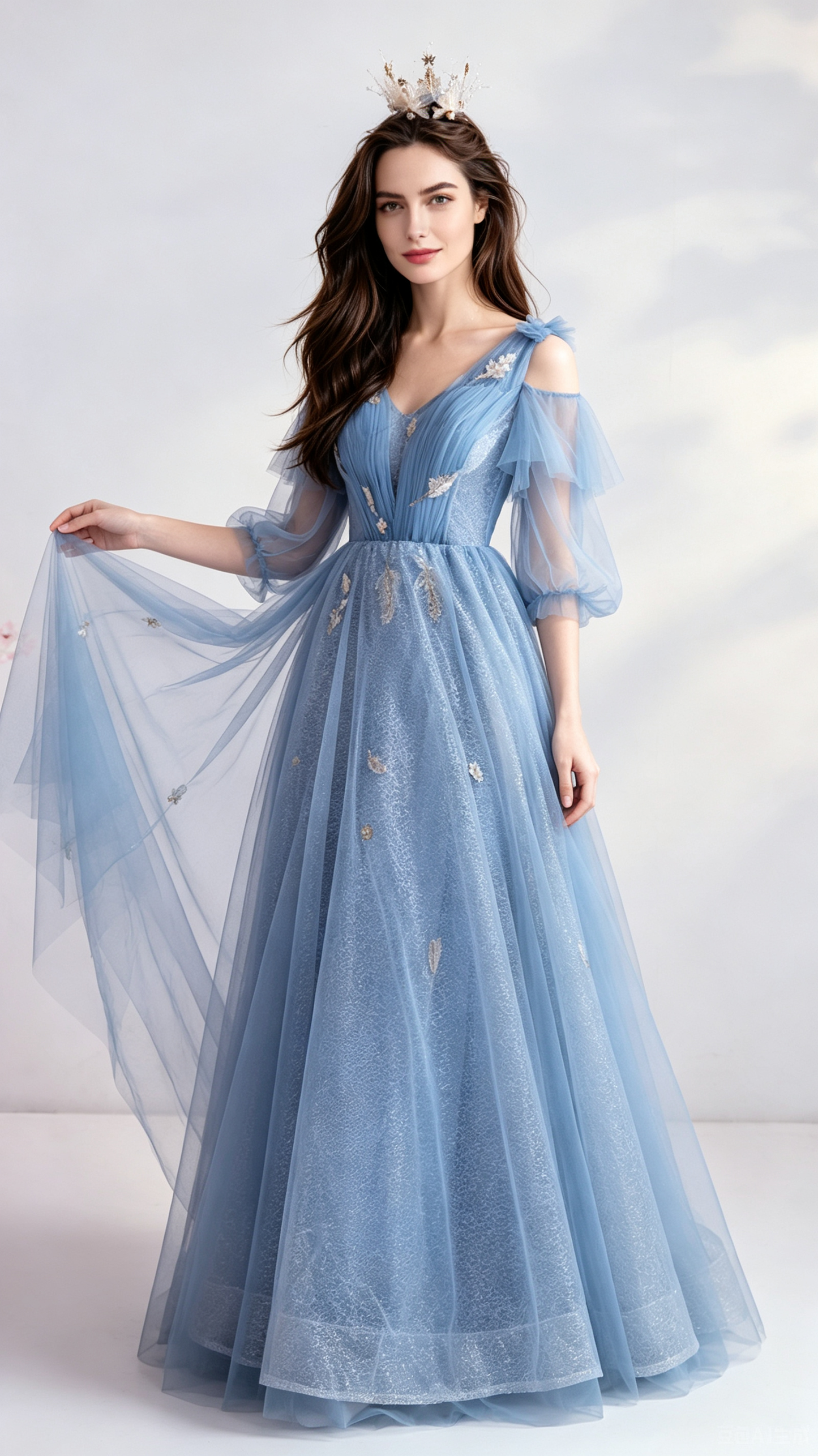 Flattering A-line Blue Evening Dress V Neck Tulle Long Formal Dress LFNC0402
