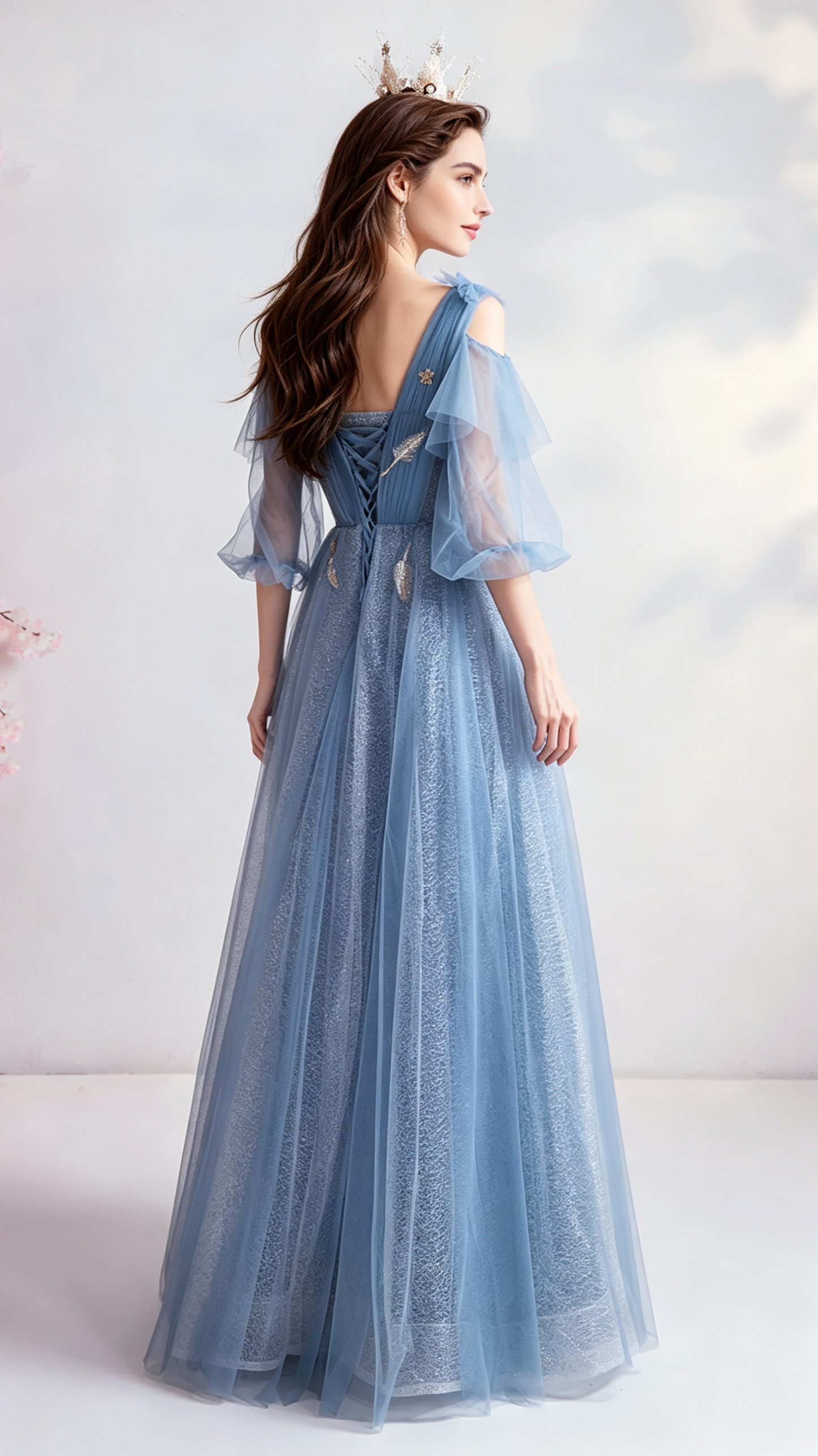Flattering A-line Blue Evening Dress V Neck Tulle Long Formal Dress LFNC0402