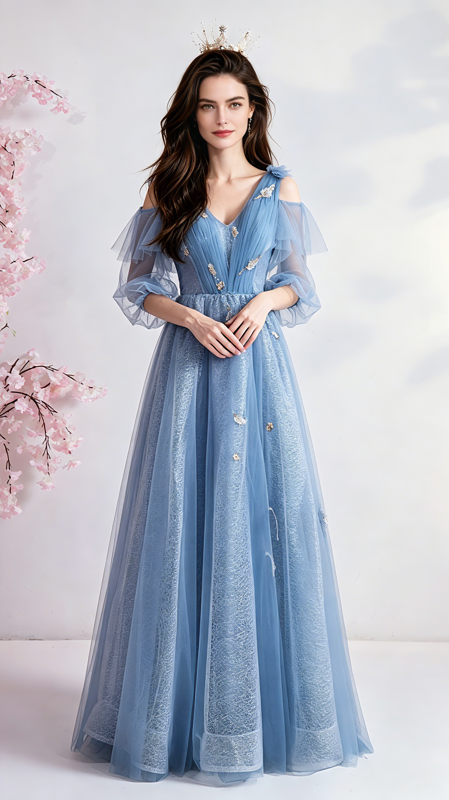 Flattering A-line Blue Evening Dress V Neck Tulle Long Formal Dress LFNC0402