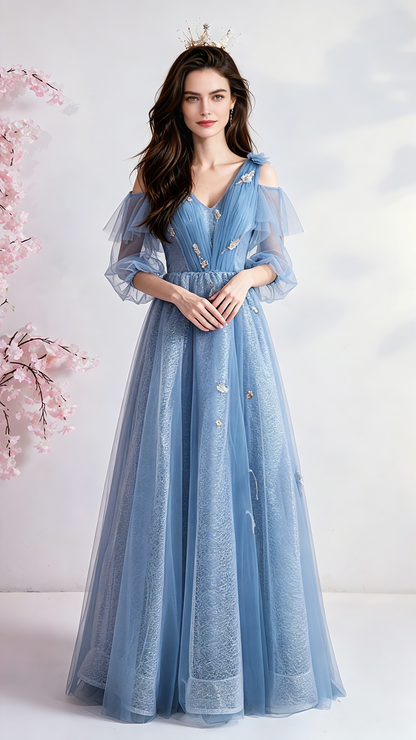 Flattering A-line Blue Evening Dress V Neck Tulle Long Formal Dress LFNC0402