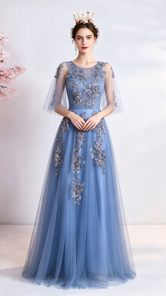 Gorgeous A-line Blue Evening Dress Round Neck Tulle Long Formal Dress LFNC0403