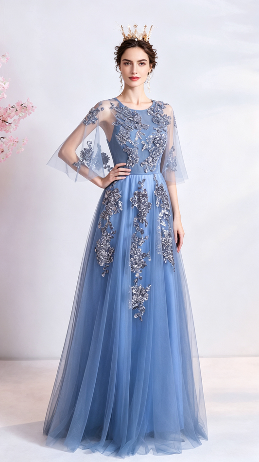 Gorgeous A-line Blue Evening Dress Round Neck Tulle Long Formal Dress LFNC0403
