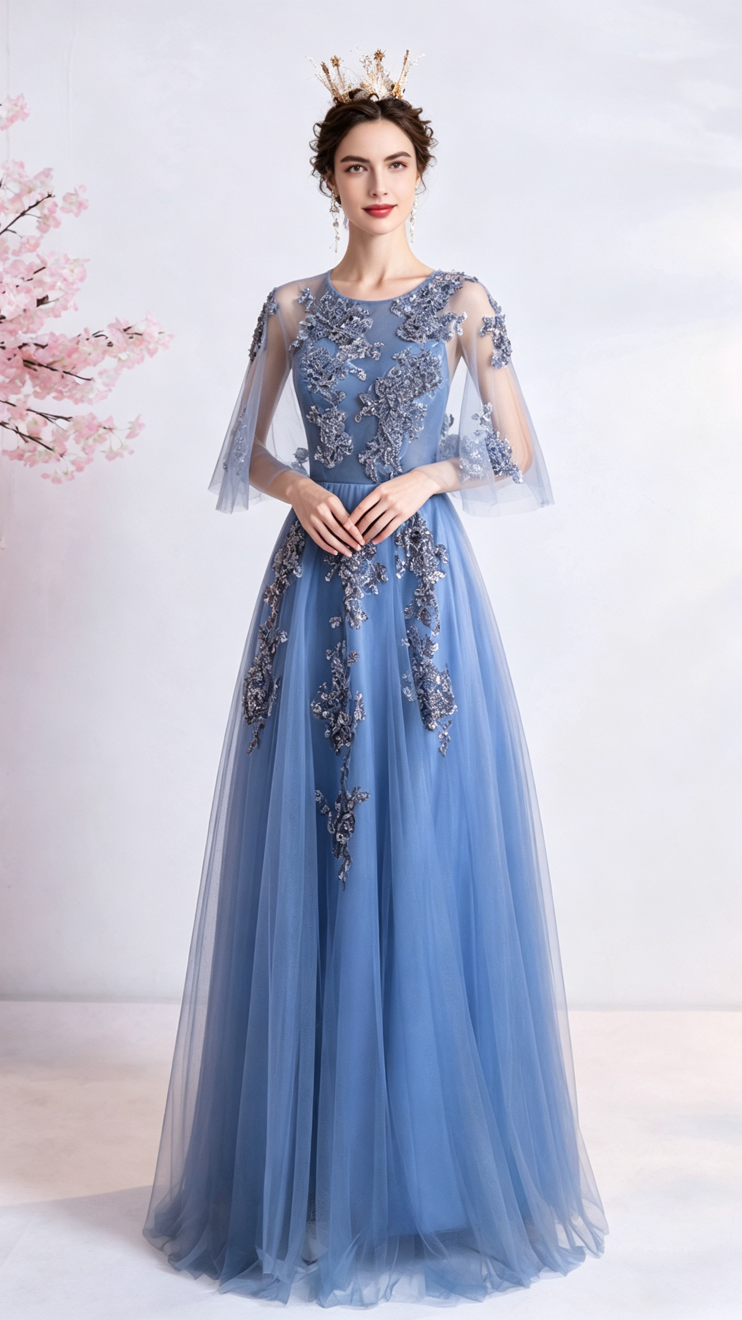 Gorgeous A-line Blue Evening Dress Round Neck Tulle Long Formal Dress LFNC0403