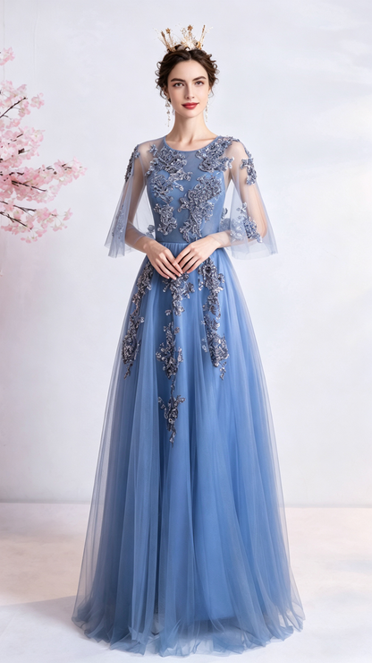 Gorgeous A-line Blue Evening Dress Round Neck Tulle Long Formal Dress LFNC0403