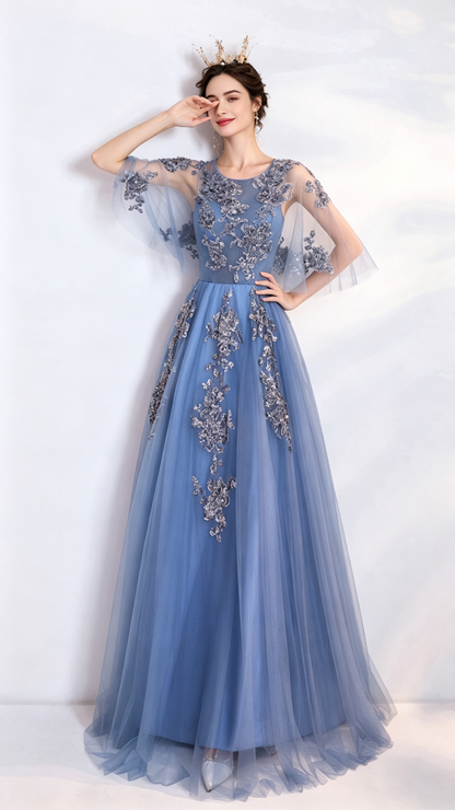 Gorgeous A-line Blue Evening Dress Round Neck Tulle Long Formal Dress LFNC0403