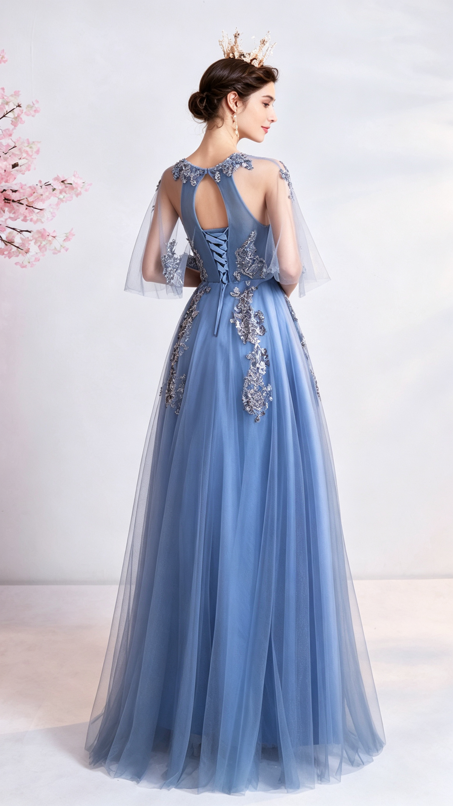 Gorgeous A-line Blue Evening Dress Round Neck Tulle Long Formal Dress LFNC0403
