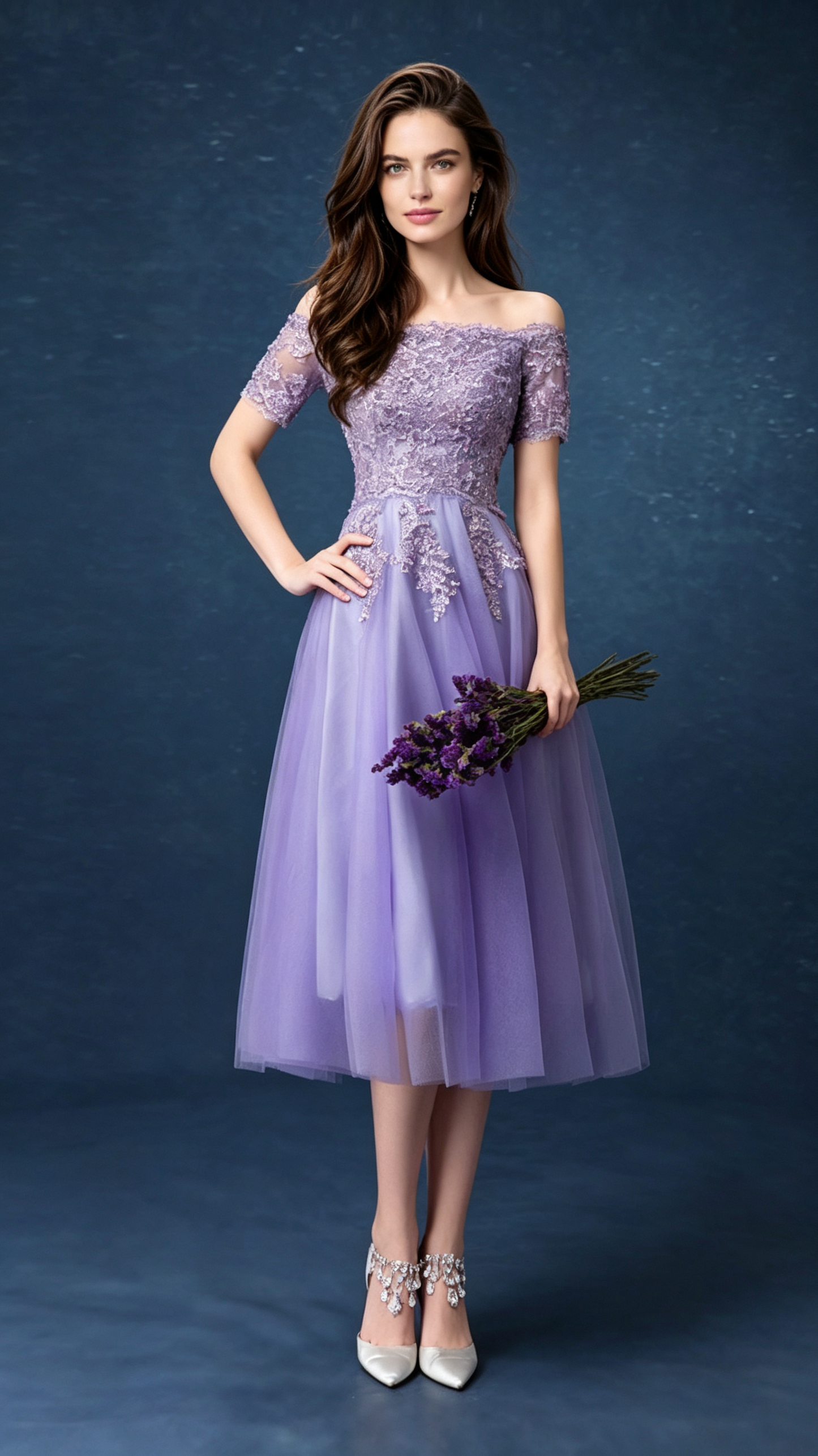 Classy A-line Purple Evening Dress Off Shoulder Tulle Short Formal Dress LFNC0410