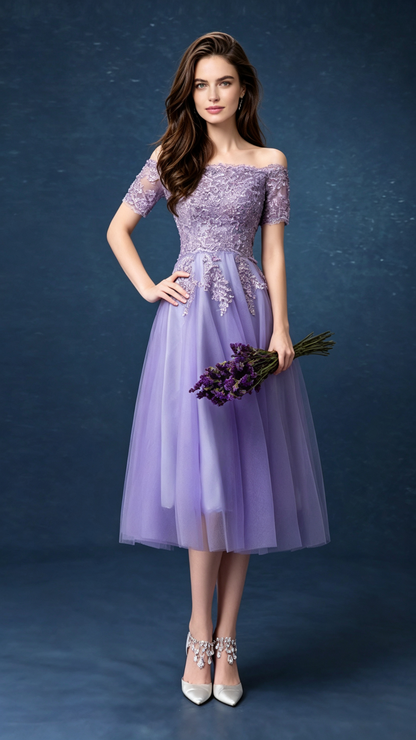 Classy A-line Purple Evening Dress Off Shoulder Tulle Short Formal Dress LFNC0410