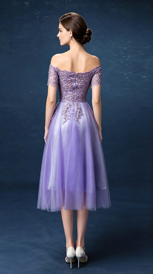 Classy A-line Purple Evening Dress Off Shoulder Tulle Short Formal Dress LFNC0410