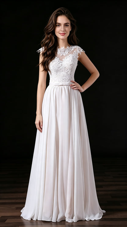 Lightweight A-line White Wedding Dress Round neck Lace Long Formal Dress LFNL0680