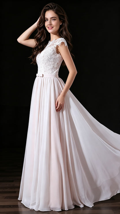 Lightweight A-line White Wedding Dress Round neck Lace Long Formal Dress LFNL0680