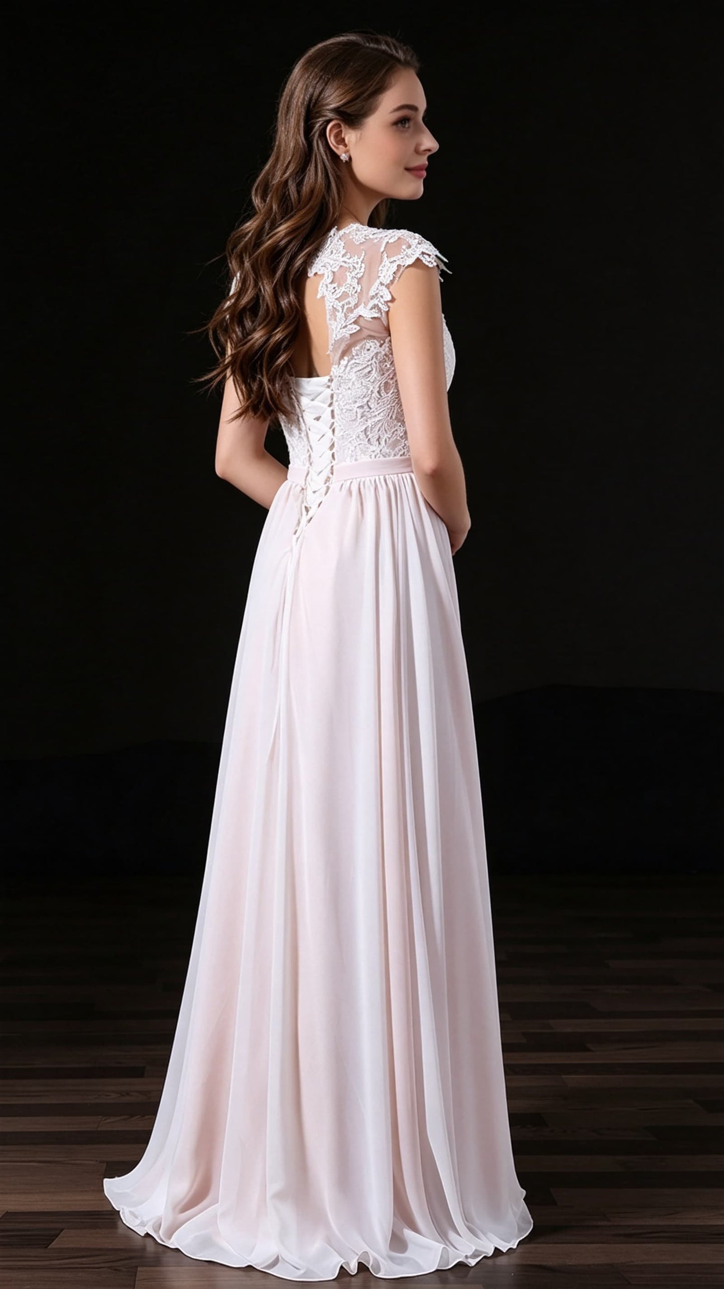 Lightweight A-line White Wedding Dress Round neck Lace Long Formal Dress LFNL0680