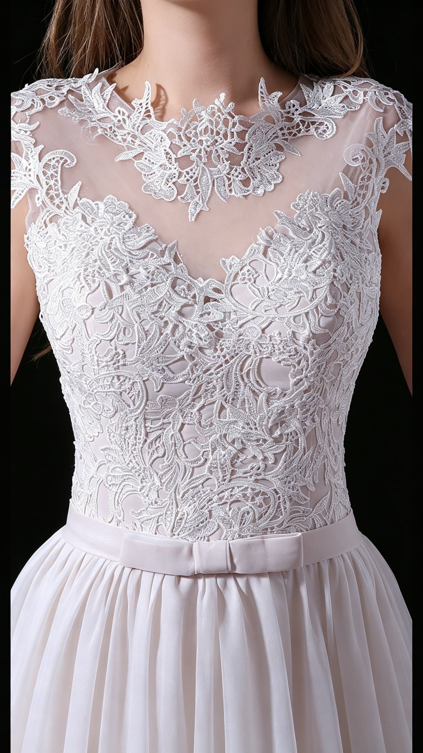 Lightweight A-line White Wedding Dress Round neck Lace Long Formal Dress LFNL0680