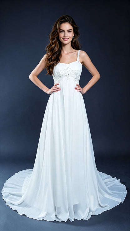 Polished A-line White Evening Dress Straps Chiffon Long Formal Dress LFNL0544