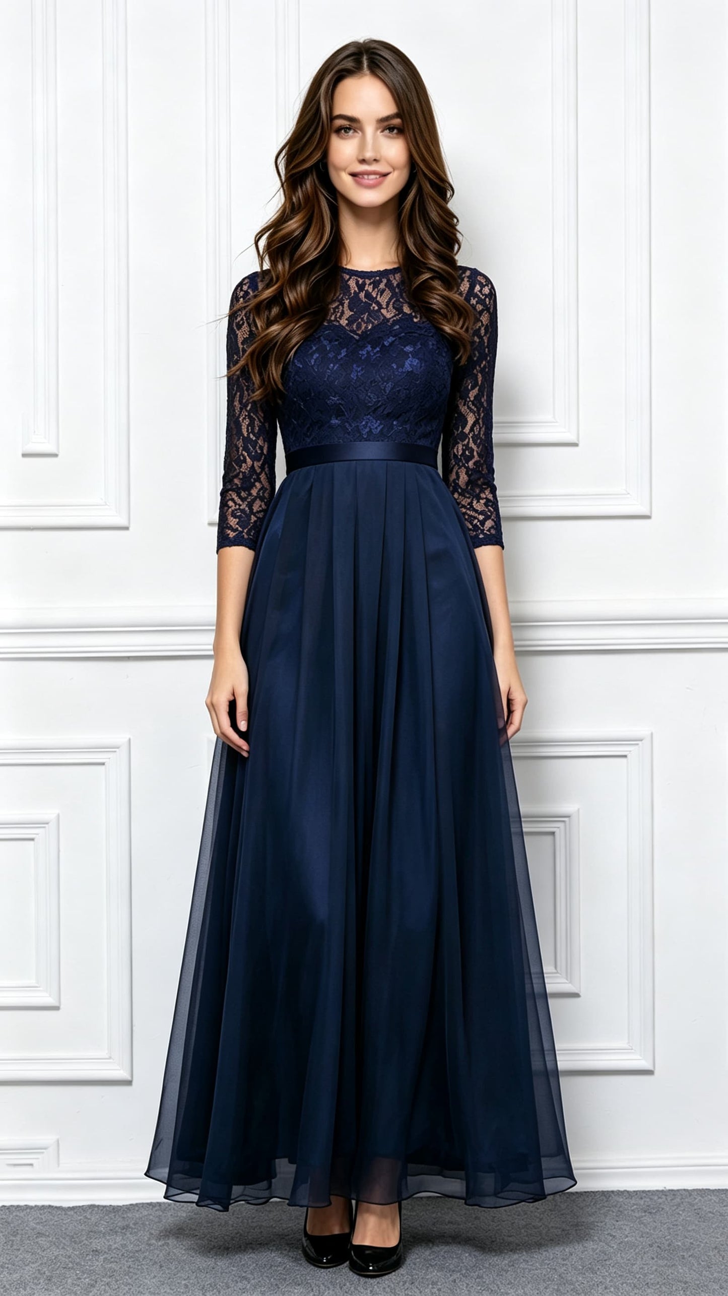 Lightweight A-line Blue Evening Dress Lace Long Formal Dress LFNC0066