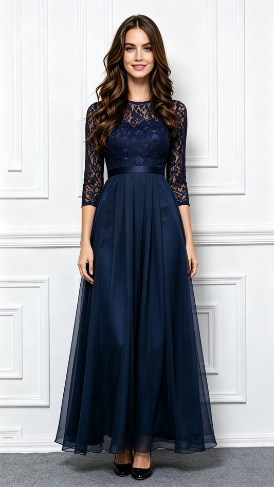 Lightweight A-line Blue Evening Dress Lace Long Formal Dress LFNC0066