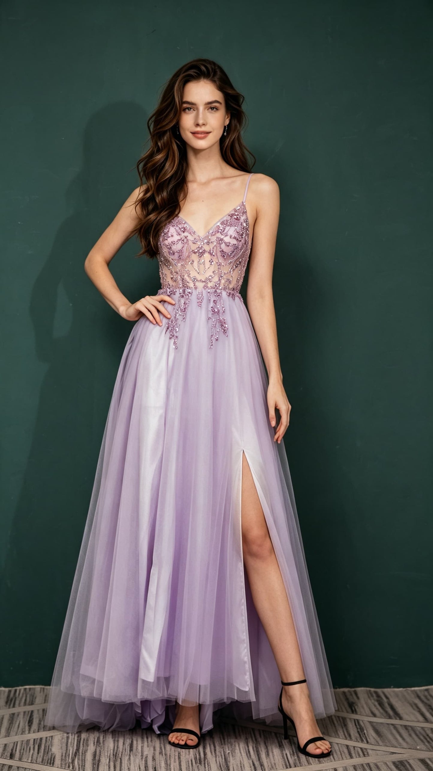Eye-catching A-line Purple Evening Gowns Straps Tulle Maxi Dress LFNL0659