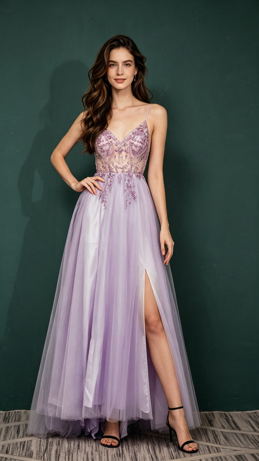 Eye-catching A-line Purple Evening Gowns Straps Tulle Maxi Dress LFNL0659