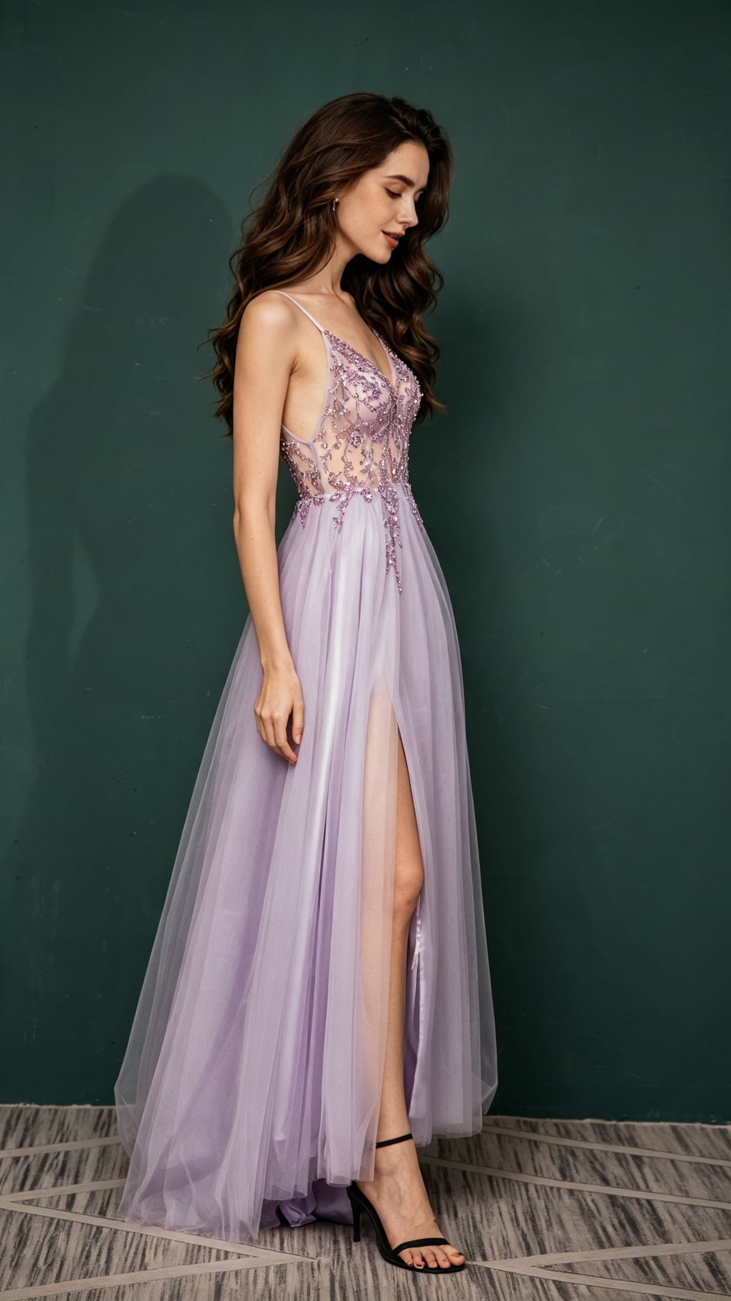Eye-catching A-line Purple Evening Gowns Straps Tulle Maxi Dress LFNL0659