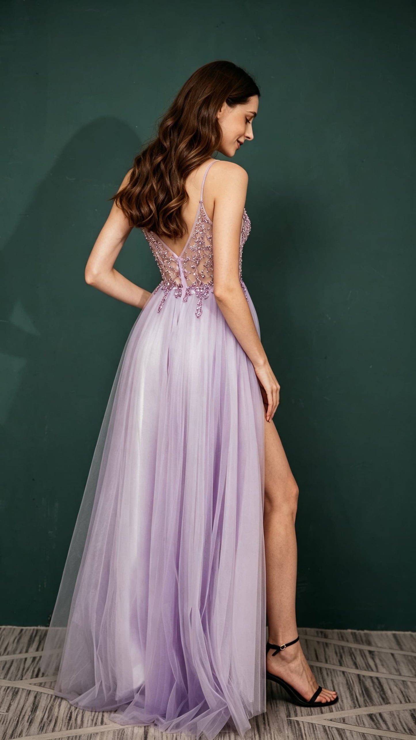 Eye-catching A-line Purple Evening Gowns Straps Tulle Maxi Dress LFNL0659