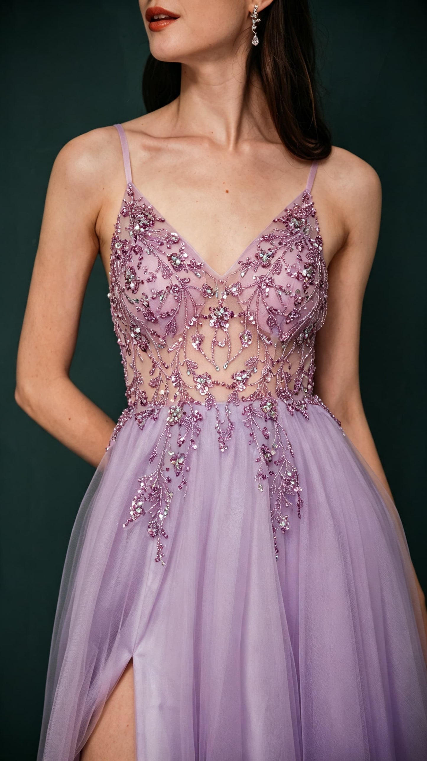 Eye-catching A-line Purple Evening Gowns Straps Tulle Maxi Dress LFNL0659