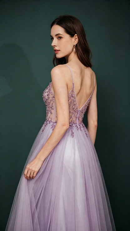 Eye-catching A-line Purple Evening Gowns Straps Tulle Maxi Dress LFNL0659