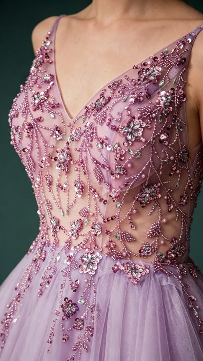 Eye-catching A-line Purple Evening Gowns Straps Tulle Maxi Dress LFNL0659
