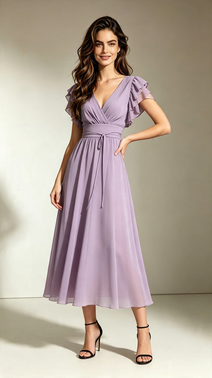 Lovely A-line Purple Bridesmaid Gowns V Neck Chiffon Long Formal Dress LFNL0708
