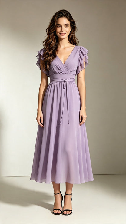 Lovely A-line Purple Bridesmaid Gowns V Neck Chiffon Long Formal Dress LFNL0708