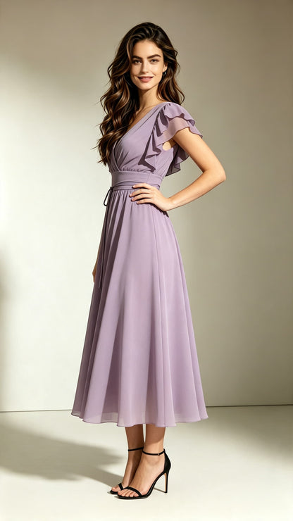 Lovely A-line Purple Bridesmaid Gowns V Neck Chiffon Long Formal Dress LFNL0708