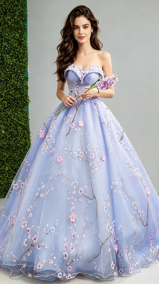 Graceful A-line Light Blue Evening Dress Sweatheart Neck Tulle Ball Gown LFNC0162