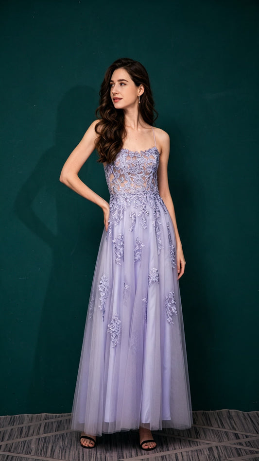 Polished A-line Purple Evening Gowns Straps Tulle Maxi Dress LFNL0660