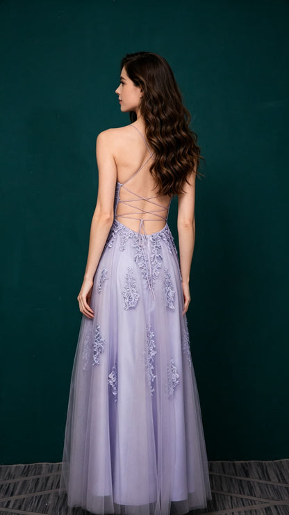 Polished A-line Purple Evening Gowns Straps Tulle Maxi Dress LFNL0660