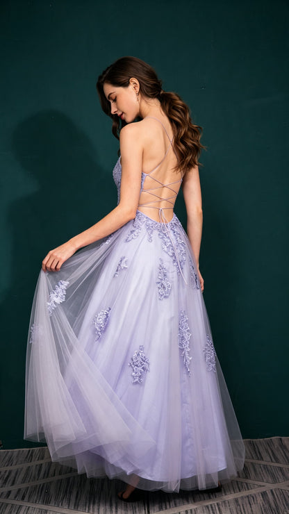 Polished A-line Purple Evening Gowns Straps Tulle Maxi Dress LFNL0660