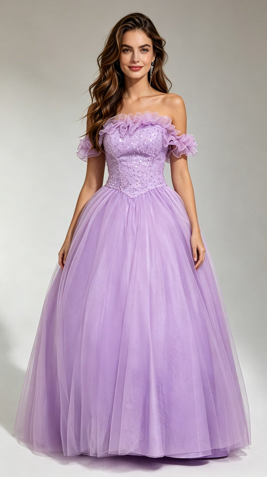 Gorgeous High Waist Purple Ball Gown Off Shoulder Tulle & Floral Long Formal Dress LFNG0021
