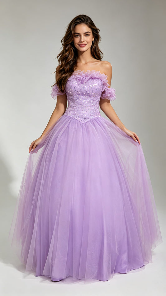 Gorgeous High Waist Purple Ball Gown Off Shoulder Tulle & Floral Long Formal Dress LFNG0021