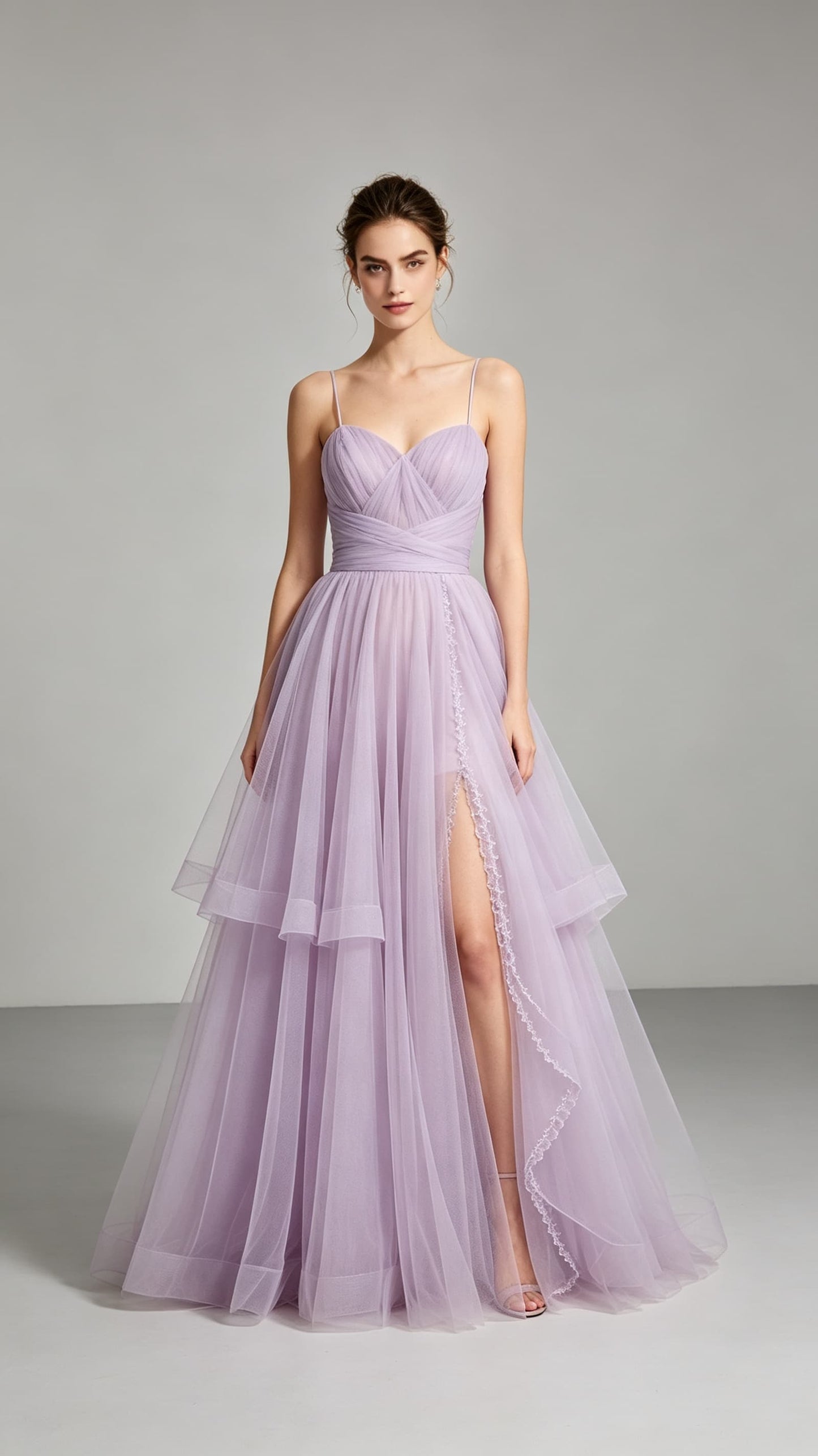 Soft A-line Purple Evening Gowns Straps Tulle Maxi Dress LFNL0743