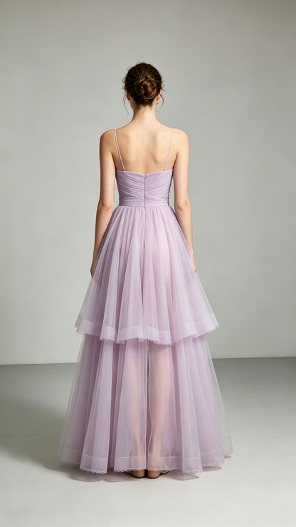 Soft A-line Purple Evening Gowns Straps Tulle Maxi Dress LFNL0743