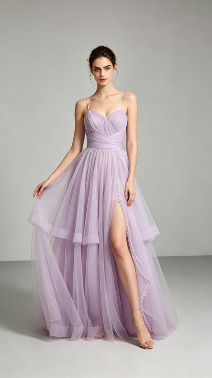 Soft A-line Purple Evening Gowns Straps Tulle Maxi Dress LFNL0743