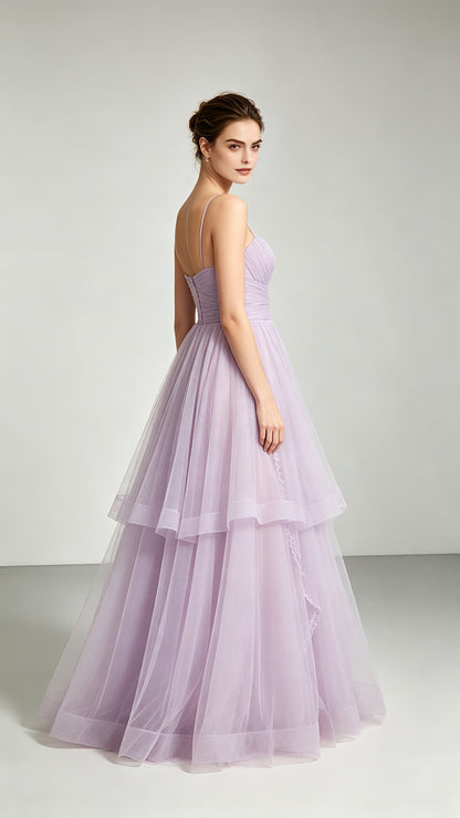 Soft A-line Purple Evening Gowns Straps Tulle Maxi Dress LFNL0743