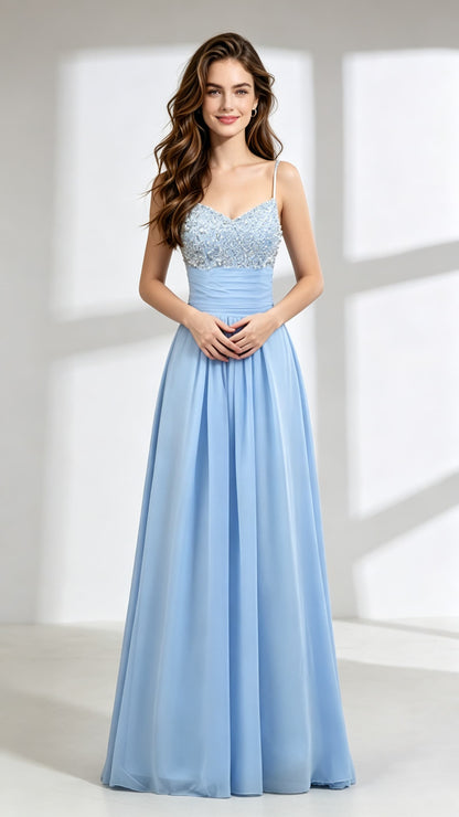 Romantic A-line Blue Evening Dress Straps Chiffon Long Formal Dress LFNL0601
