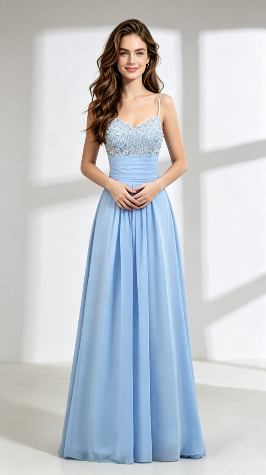 Romantic A-line Blue Evening Dress Straps Chiffon Long Formal Dress LFNL0601