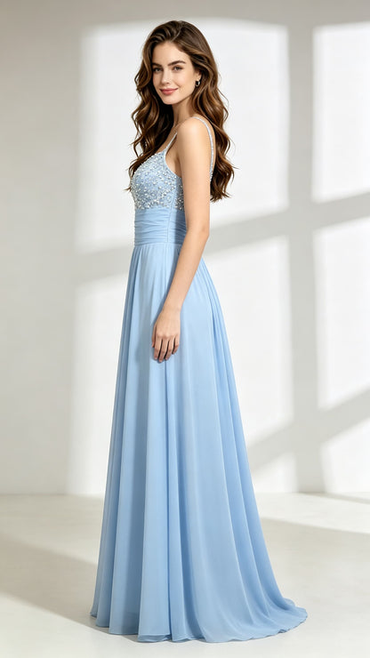 Romantic A-line Blue Evening Dress Straps Chiffon Long Formal Dress LFNL0601