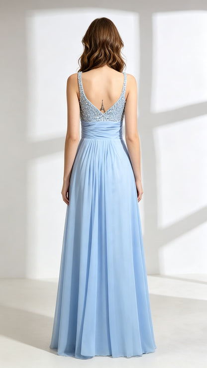 Romantic A-line Blue Evening Dress Straps Chiffon Long Formal Dress LFNL0601