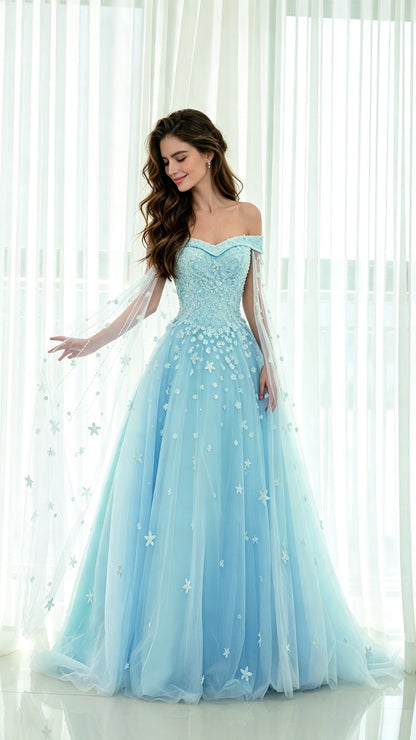 2026 A-line Blue Evening Dress Off Shoulder Tulle Long Formal Dress LFNL0547
