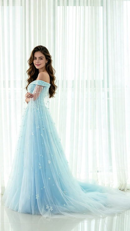 2026 A-line Blue Evening Dress Off Shoulder Tulle Long Formal Dress LFNL0547